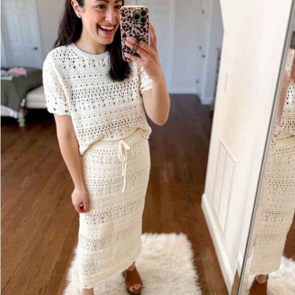 UT XL Cream Openwork Midi Sweater Crochet Knit Scalloped Drawstring Skirt - Picture 7 of 16
